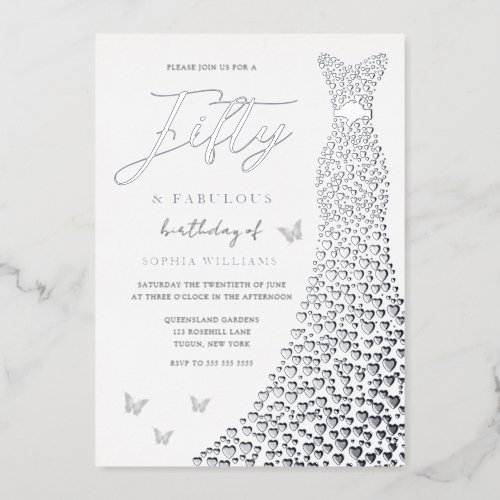 Silver Gown Fifty  Fabulous 50th Birthday Party Foil Invitation