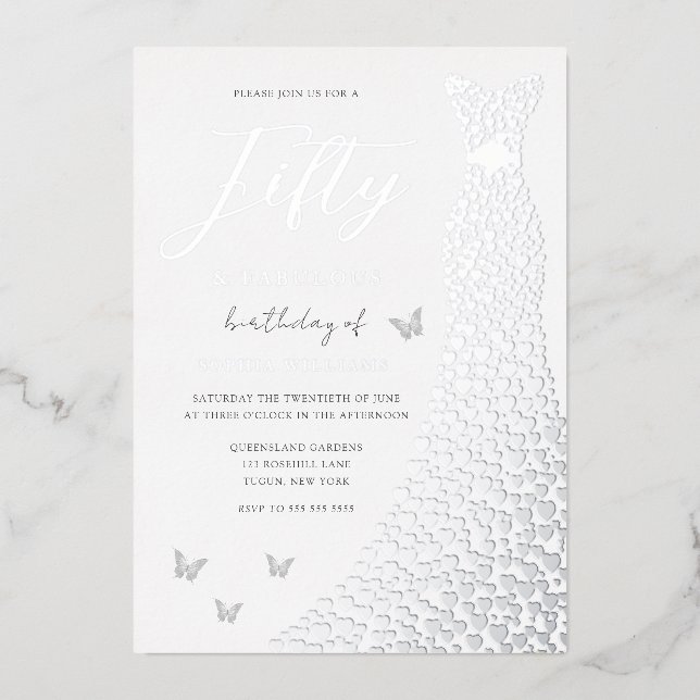 Silver Gown Fifty & Fabulous 50th Birthday Party Foil Invitation (Front)