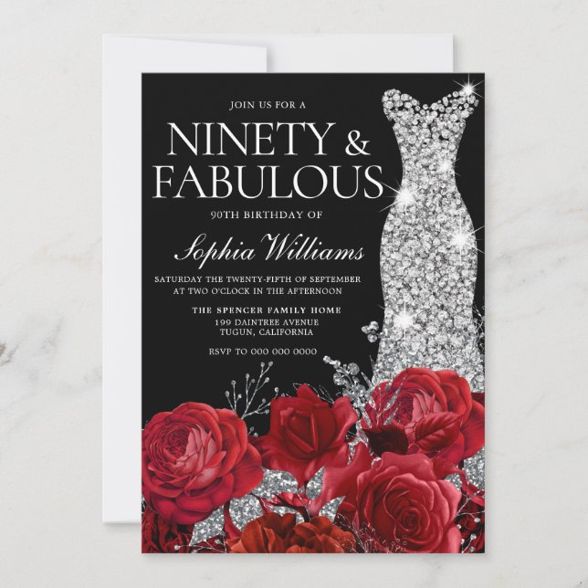 Silver Gown Red Roses 90th Birthday Party Black Invitation (Front)