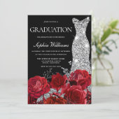 Silver Gown Red Roses Black Graduation Party Invit Invitation (Standing Front)