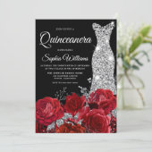 Silver Gown Red Roses Black Quinceanera Party Invitation (Standing Front)