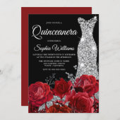 Silver Gown Red Roses Black Quinceanera Party Invitation (Front/Back)
