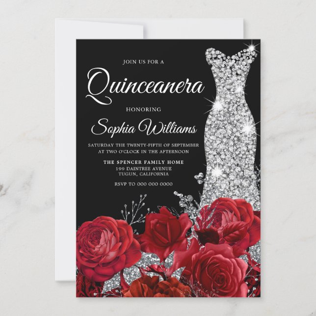 Silver Gown Red Roses Black Quinceanera Party Invitation (Front)