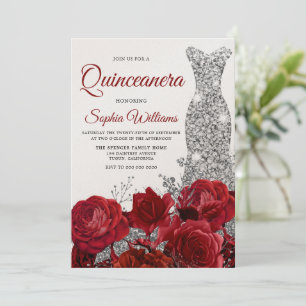 Silver Gown Red Roses Shimmer Quinceanera Party Invitation