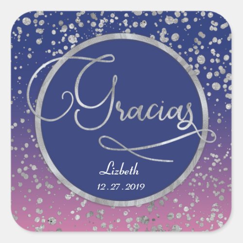 Silver Gracias Royal Blue Pink Glam Gift Thank You Square Sticker