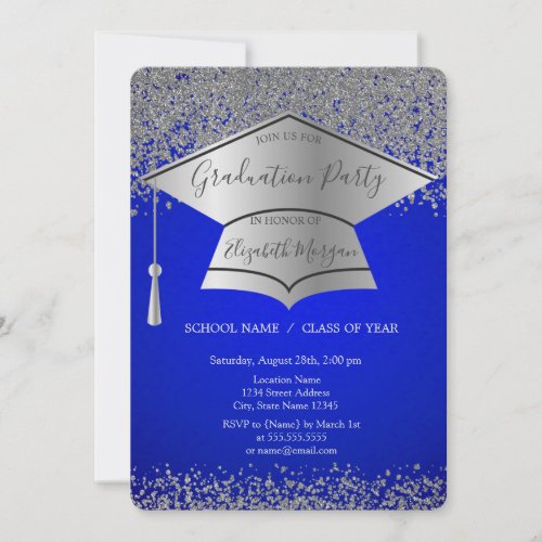 Silver Grad CapDiamonds Blue Graduation Party Invitation