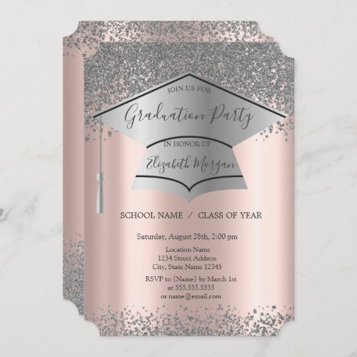 Silver Grad CapDiamonds Rose Gold Graduation Invitation