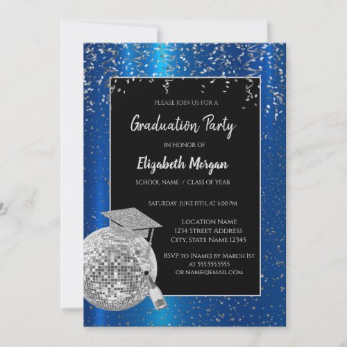 Silver Grad CapDisco Ball Confetti Wine Blue Invitation
