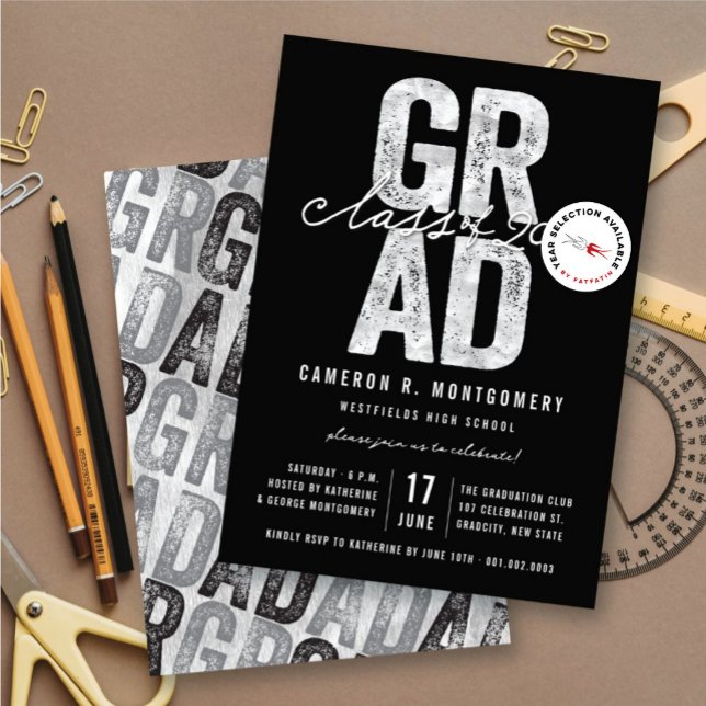 Silver GRAD Class of 2025 Stylish Graduation Party Invitation (Silver & Black Bold GRAD Class of 2025 Stylish Graduation Party Invite @ zazzle.com/color_therapy)