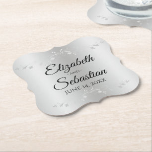 Silver Gradient Elegant Vintage Flourish Wedding Paper Coaster