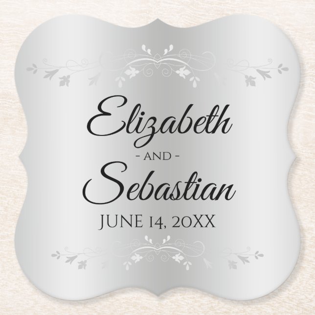 Silver Gradient Elegant Vintage Flourish Wedding Paper Coaster (Front)