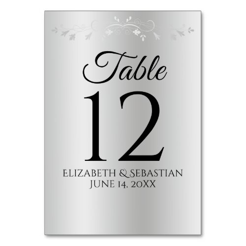 Silver Gradient Elegant Vintage Flourish Wedding Table Number