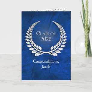 Silver Graduation 2026 Laurel Wreath On Blue Card