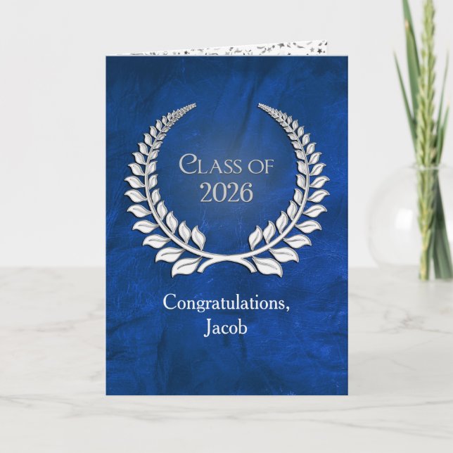 Silver Graduation 2026 Laurel Wreath On Blue Card (Front)