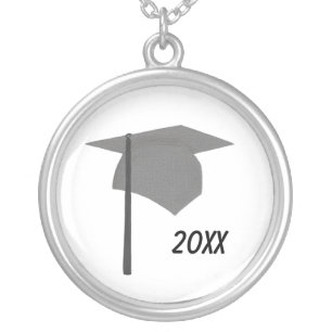 Silver Graduation Cap Black Tassel, Year Necklace