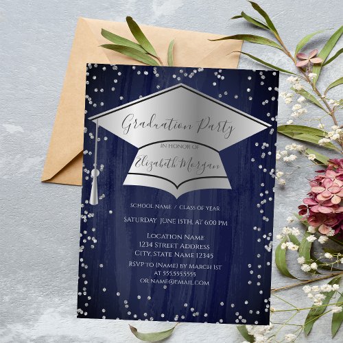 Silver Graduation CapDiamonds Blue Graduation Invitation