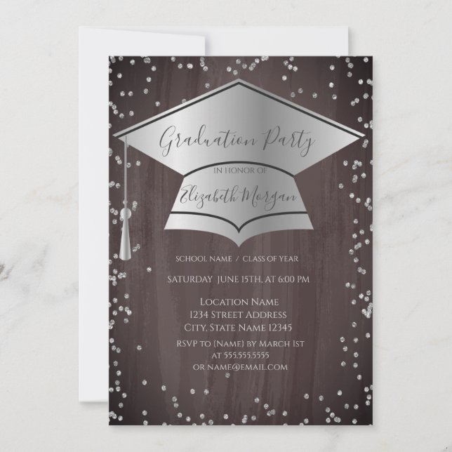 Silver Graduation Cap,Diamonds Brown Graduation Invitation (Front)
