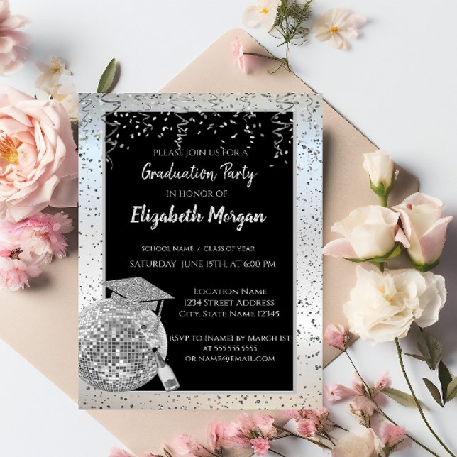 Silver  Graduation Cap,Disco Ball Confetti, Wine Invitation (Creator Uploaded)