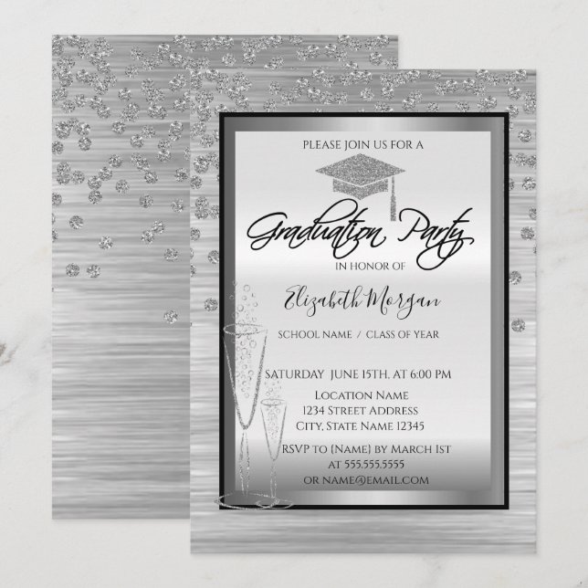 Silver Graduation Cap,Glass Diamonds Graduation Invitation (Front/Back)