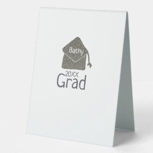 Silver graduation cap glitter add name grad year c table tent