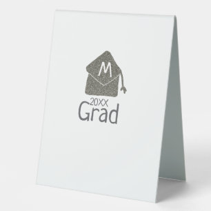 Silver graduation cap glitter add name grad year c table tent