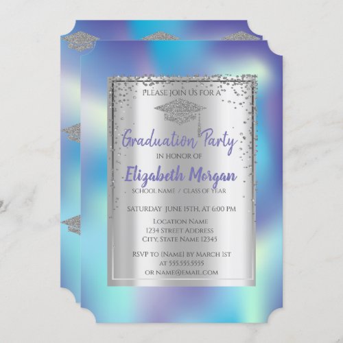 Silver Graduation Cap Holographic Graduation Invitation