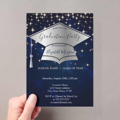 Silver Graduation Cap,Stars Blue Graduation Acrylic Invitations