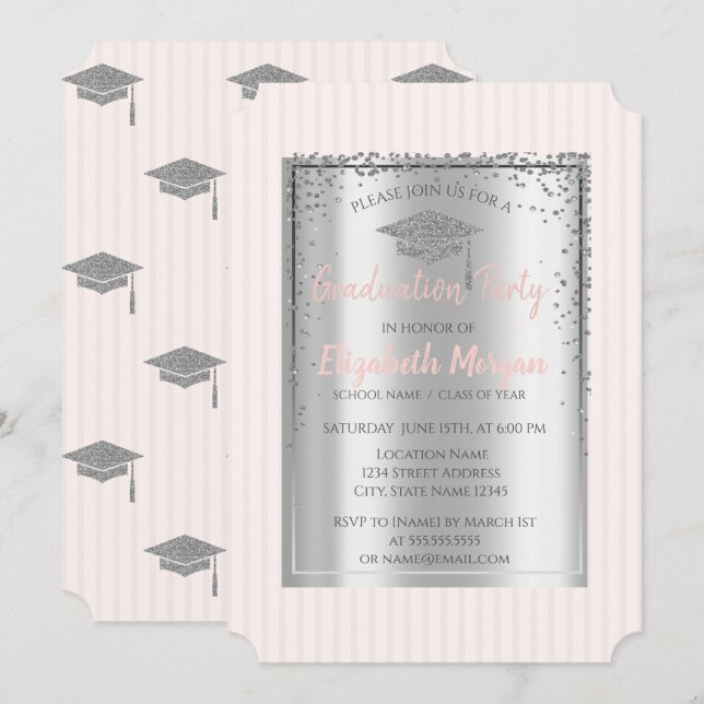Silver Graduation Cap Striped Graduation Invitation (Front/Back)