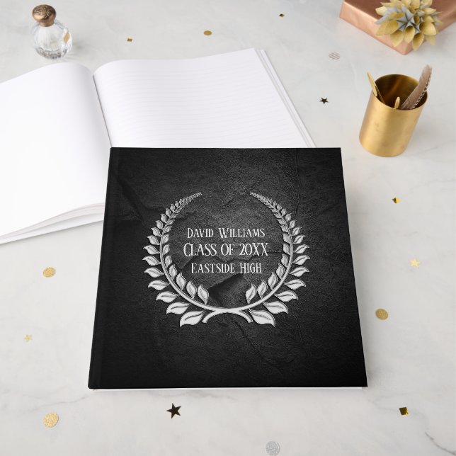 Silver Graduation Laurel on Black Rock Guest Book (Front Open)