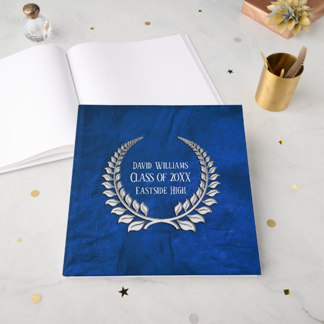 Silver Graduation Laurel on Blue Leather  Guest Book (Front Open)