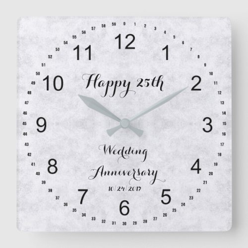 Silver Gray 25th Silver Wedding Anniversary Square Wall Clock