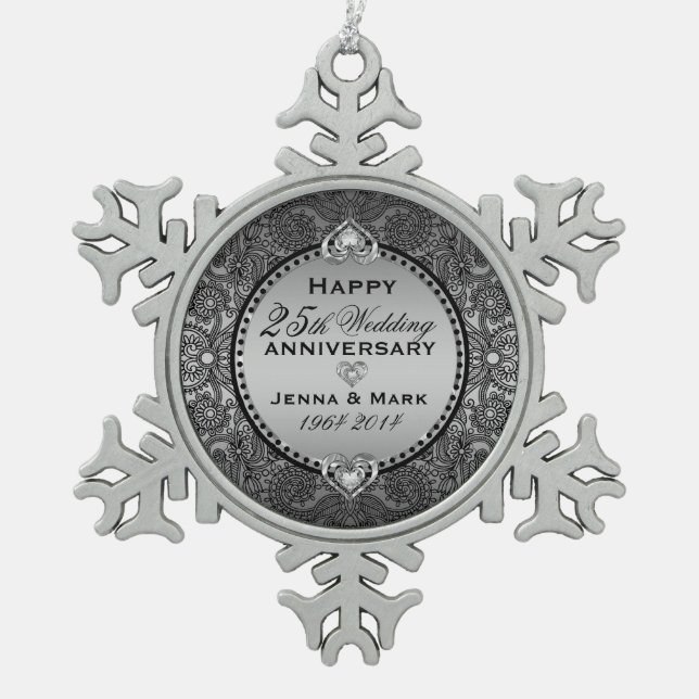 Silver Gray 25th Wedding Anniversary Snowflake Pewter Christmas Ornament (Front)
