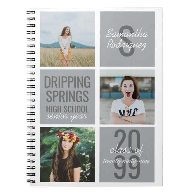 Silver Gray 3-Photo Fun Boxes Class Year Notebook (Front)