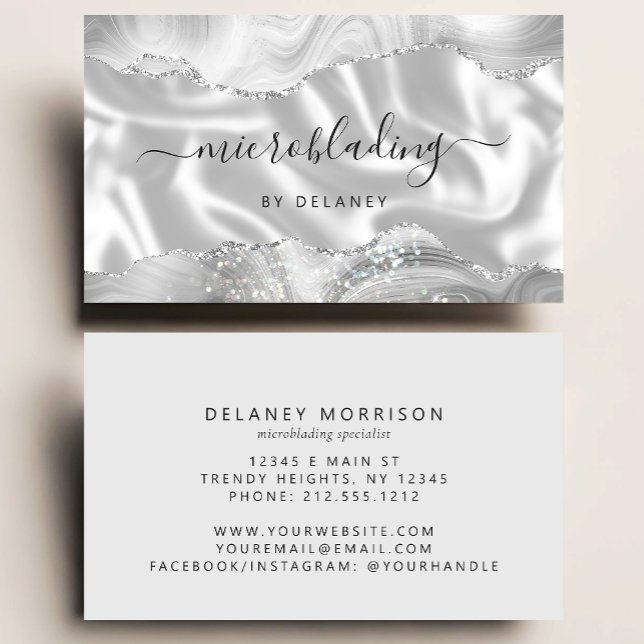 Silver Gray Agate Glitter Luxury Microblading Business Card (Creator Uploaded)