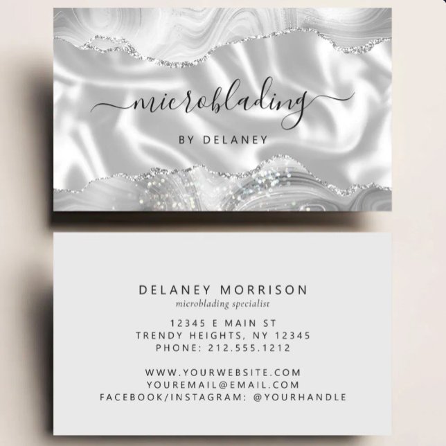 Silver Gray Agate Glitter Luxury Microblading Business Card (Creator Uploaded)