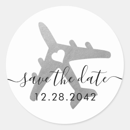 Silver Gray AirplaneTravel Theme Save the Date Classic Round Sticker