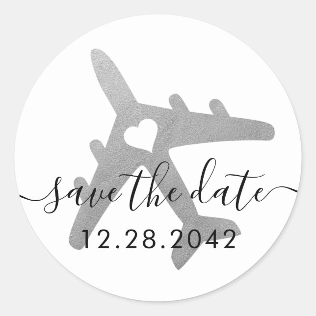 Silver Gray AirplaneTravel Theme Save the Date Classic Round Sticker (Front)