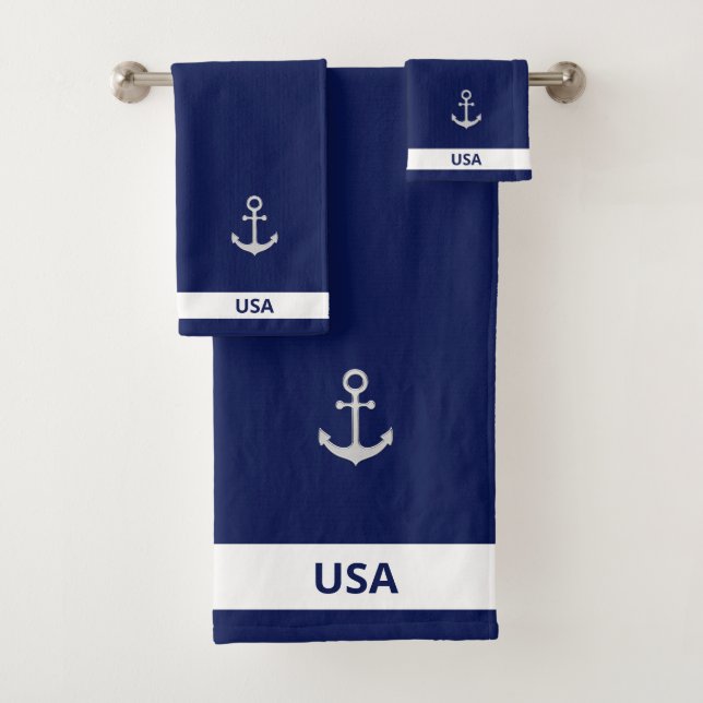 Silver Gray Anchor on Navy Blue & White Bath Towel Set (Insitu)