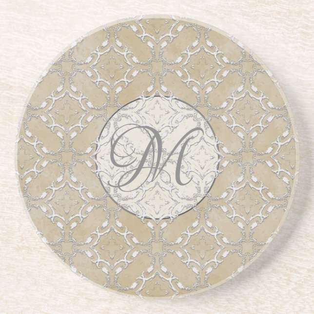 Silver Gray and Beige Metallic Filagree Pattern  Coaster (Front)