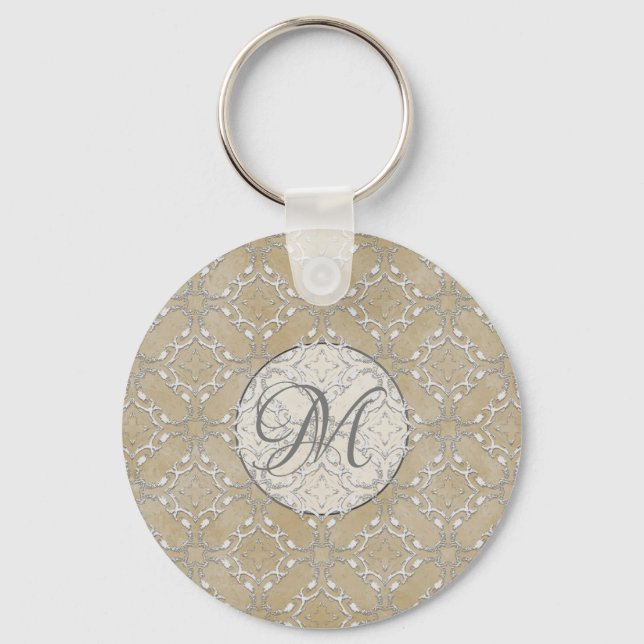 Silver Gray and Beige Metallic Filagree Pattern Keychain (Front)