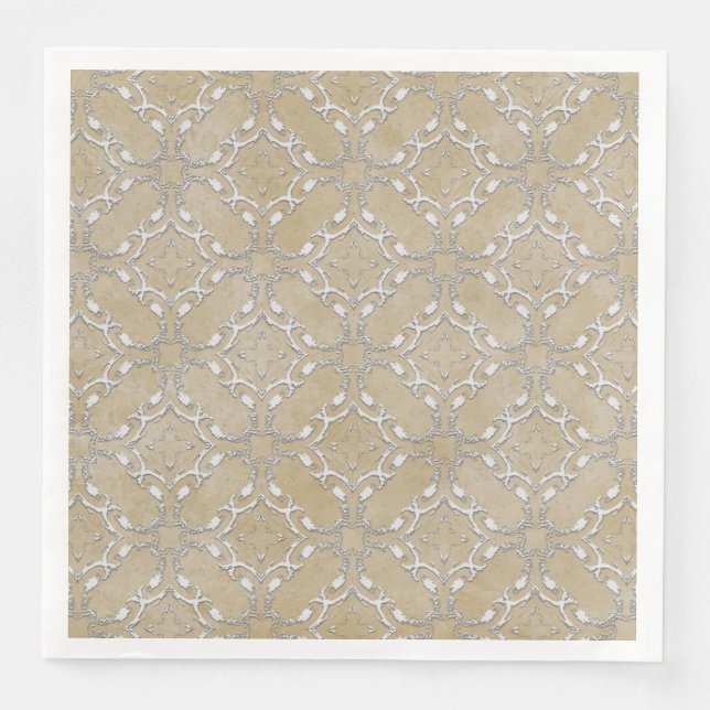 Silver Gray and Beige Metallic Filagree Pattern Paper Dinner Napkins (Front)