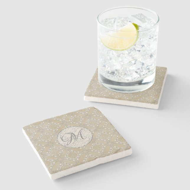 Silver Gray and Beige Metallic Filagree Pattern Stone Coaster (Side)