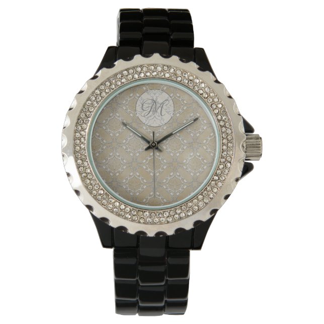 Silver Gray and Beige Metallic Filagree Pattern Watch (Front)