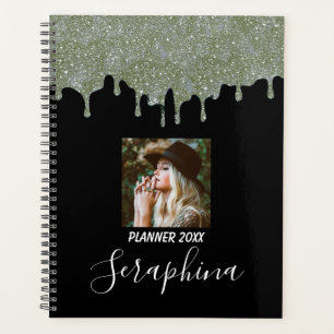 SIlver Gray and Black Custom Photo Glitter Drips Planner