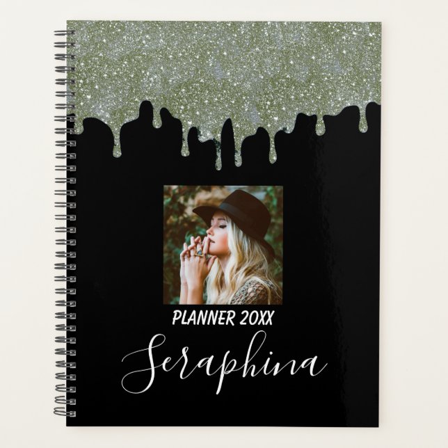 SIlver Gray and Black Custom Photo Glitter Drips Planner (Front)