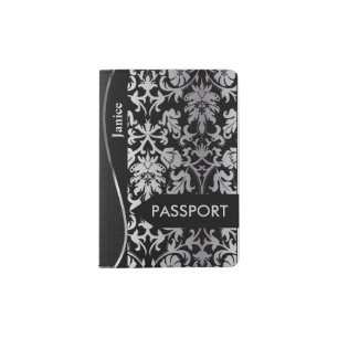 Silver Gray and Black Floral Damask Passport Holder