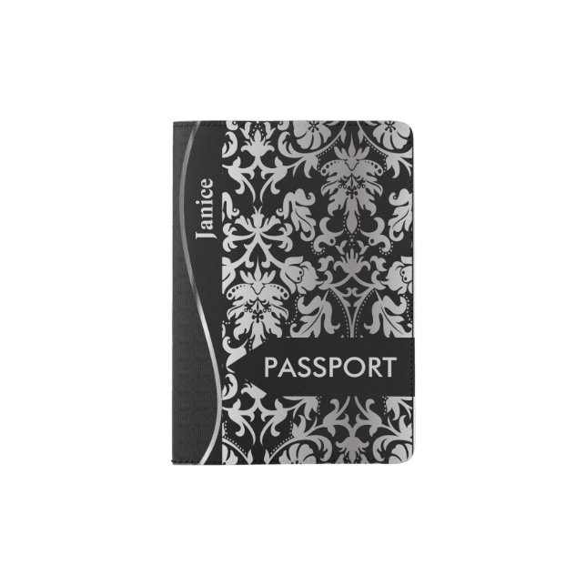 Silver Gray and Black Floral Damask Passport Holder (Front)