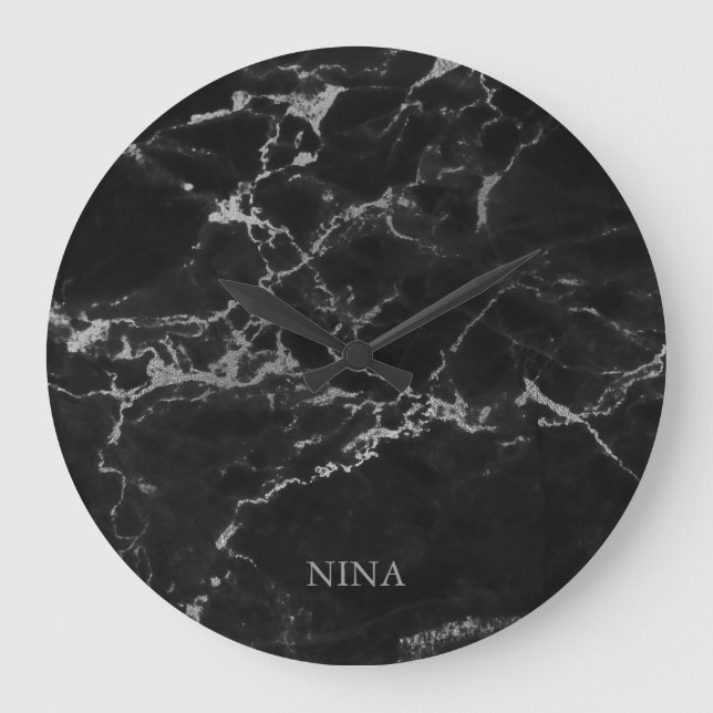 Silver Gray And Black Marble Stone Large Clock (Front)