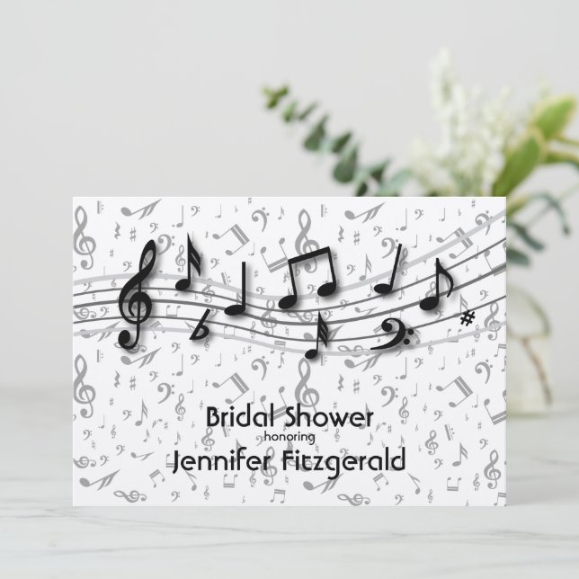 Silver Gray and black music Notes Bridal Shower Invitation (Standing Front)