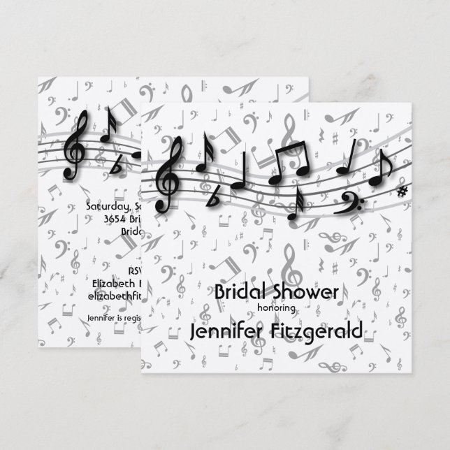 Silver Gray and black music Notes Bridal Shower Invitation (Front/Back)